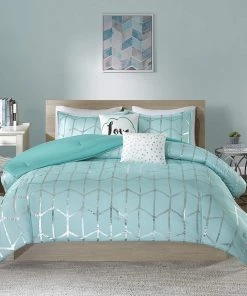 Modern Rugs And Decor Raina Comforter Metallic Print Geometric Design Modern Trendy All Season Bedding Set