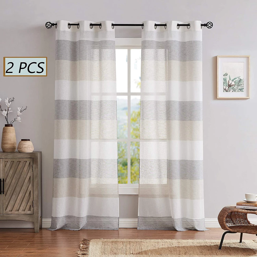 Modern Rugs And Decor Gray Tan Stripe Sheer Color Block Window Curtain Panel Linen 95 Inches Long With Grommets, 2 Panel Rustic Drapes 7 Modern Rugs And Decor Gray Tan Stripe Sheer Color Block Window Curtain Panel Linen 95 Inches Long With Grommets, 2 Panel Rustic Drapes
