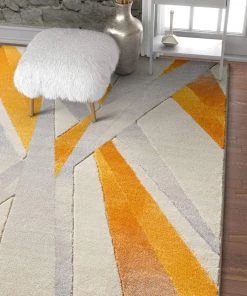 WW All Area Rugs And Runners Modern Geometric Orange Yellow Ivory Comfy Hand Carved Area Rugs