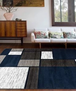 WRG All Area Rugs And Runners Box Pattern Navy Grey White Soft Area Rug