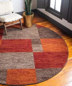 Warm Toned Checkered Multi-color Brown Orange Area Rugs
