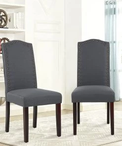 LSSBOUGHT Set Of 2 Luxurious Fabric Dining Chairs With Copper Nails And Solid Wood Legs (Light Gray) Luxurious Rugs