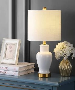 JONATHAN Chi 21" Ceramic/Iron Modern Classic LED Lamp White Modern/ Geometric Rugs