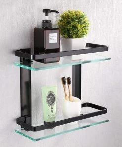 Modern Rugs And Decor Heavy Duty Rectangular Wall Mounted Corner Shelves Aluminum Tempered Glass Storage 2-Tiers