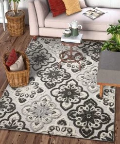 WRG Floral Panel Gray White High Traffic Stain Resistant Indoor Outdoor Area Rug