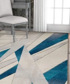 WW Modern Geometric Blue Ivory Comfy Hand Carved Area Rugs