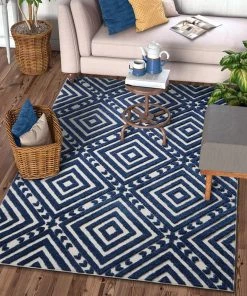 WRG Geometric Blue Gray High Traffic Stain Resistant Indoor Outdoor Area Rug All Area Rugs And Runners