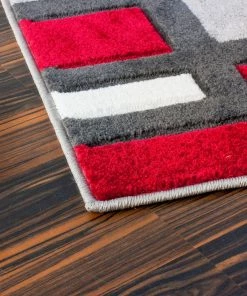 WW Modern Geometric Red Gray Comfy Hand Carved Area Rugs