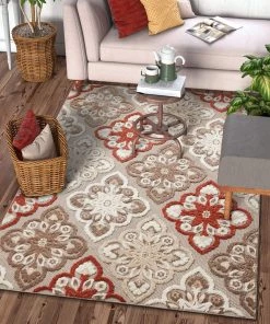 WRG Floral Panel Red, Beige, Taupe, High Traffic Stain Resistant Indoor Outdoor Area Rug All Area Rugs And Runners