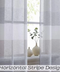 Modern Rugs And Decor Gray Tan Stripe Sheer Color Block Window Curtain Panel Linen 95 Inches Long With Grommets, 2 Panel Rustic Drapes