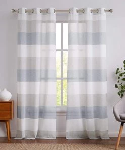 Modern Rugs And Decor Gray Tan Stripe Sheer Color Block Window Curtain Panel Linen 95 Inches Long With Grommets, 2 Panel Rustic Drapes