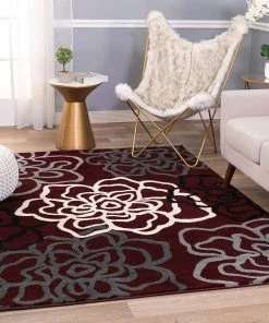 WRG Floral Gray/Grey Burgundy White Area Rug