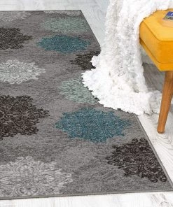 Antep Modern Floral Non-Skid (Non-Slip) Low Profile Pile Rubber Backing Indoor Area Rugs Gray All Area Rugs And Runners