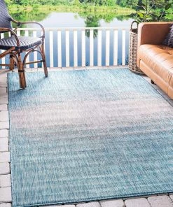 Unique Loom Vintage/ Distressed Rugs Outdoor Modern Collection Distressed Gradient Transitional Light Aqua