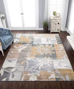 SUP Floral Patchwork Design Camel Beige Grey Ivory Area Rug