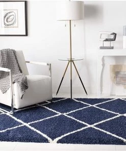 FAS All Area Rugs And Runners Diamond Trellis Navy/Ivory Soft Plush Shag Area Rug 2-inch Thick