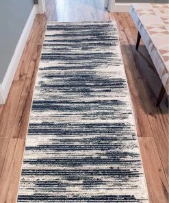 DD Stripes Design Ivory/Navy/Teal Area Rugs