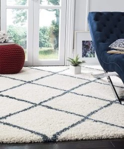 FAS Diamond Trellis Ivory/Slate Blue Soft Plush Shag Area Rug 2-inch Thick