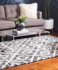 UL Lattice Tassel Gray Ivory Beige Plush Shag Area Rugs