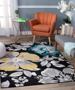 WRG All Area Rugs And Runners Floral Black Yellow Teal Blue Gray Area Rugs