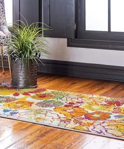 Unique Loom Lyon Tuba Modern Floral Runner Rug, Ivory/Yellow