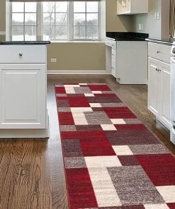 WRG Box Pattern Red Gray Area Rug Non-Slip Non Skid All Area Rugs And Runners