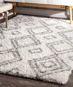 FAS Premium White Grey Trellis Soft Plush Shag Area Rug All Area Rugs And Runners