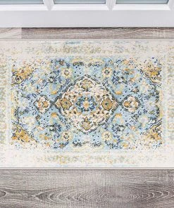 WRG Vintage Medallion Floral Ivory Blue Soft Area Rug