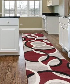 SUP Contemporary Abstract Circles Soft Burgundy Red Gray Area Rug