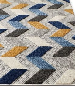 Ww Mustard Yellow Blue Gray High Traffic Stain Resistant Chevron Indoor Outdoor Area Rug
