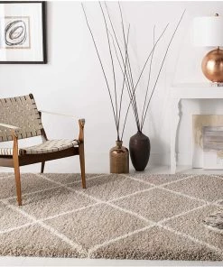 FAS Diamond Trellis Beige/Ivory Soft Plush Shag Area Rug 2-inch Thick All Area Rugs And Runners
