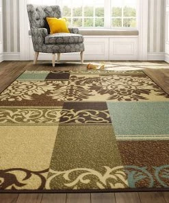 OT Damask Brown Green Beige Non Skid Area Rugs All Area Rugs And Runners