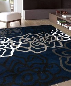 WRG All Area Rugs And Runners Floral Navy Grey White Area Rug