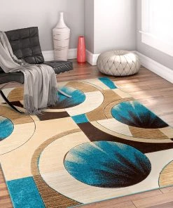 WW Modern Geometric Blue, Beige, Brown Comfy Hand Carved Area Rugs