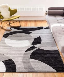 Well Woven Jackpot Grey Geometric Modern Casual Abstract Boxes Lines Circles Area Rug Plush Shed