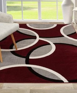 SUP Contemporary Abstract Circles Soft Burgundy Red Gray Area Rug