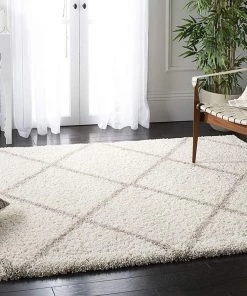 FAS Diamond Trellis Ivory/Beige Soft Plush Shag Area Rug 2-inch Thick All Area Rugs And Runners