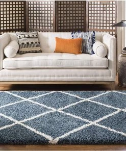 FAS Diamond Trellis Slate Blue/Ivory Soft Plush Shag Area Rug 2-inch Thick 15 FAS Diamond Trellis Slate Blue/Ivory Soft Plush Shag Area Rug 2-inch Thick