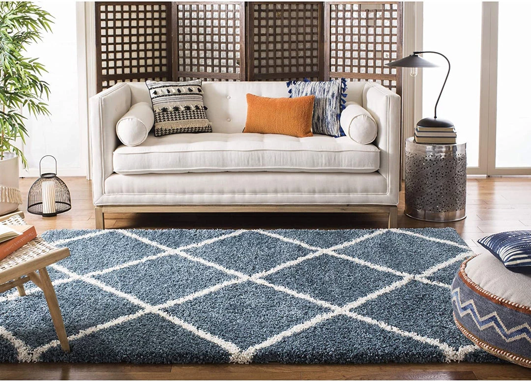 FAS Diamond Trellis Slate Blue/Ivory Soft Plush Shag Area Rug 2-inch Thick 6 FAS Diamond Trellis Slate Blue/Ivory Soft Plush Shag Area Rug 2-inch Thick