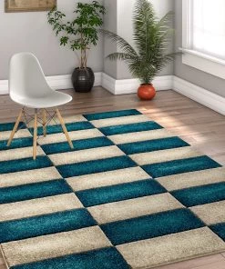 WW Modern Geometric Blue Beige Comfy Hand Carved Area Rugs