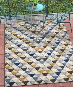 WRG All Area Rugs And Runners Geometric Triangles Blue Yellow High Traffic Stain Resistant Indoor Outdoor Area Rug