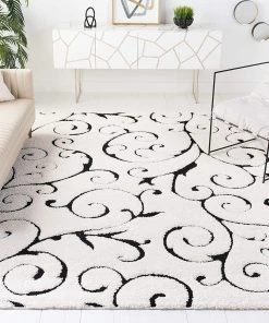 FAS Premium Swirl Thick Plush Ivory/Black Area Shag Rug All Area Rugs And Runners
