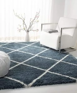 FAS Diamond Trellis Slate Blue/Ivory Soft Plush Shag Area Rug 2-inch Thick