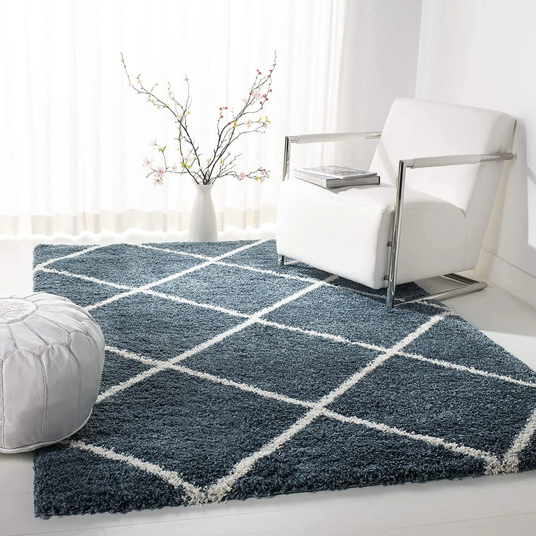FAS Diamond Trellis Slate Blue/Ivory Soft Plush Shag Area Rug 2-inch Thick 1 FAS Diamond Trellis Slate Blue/Ivory Soft Plush Shag Area Rug 2-inch Thick