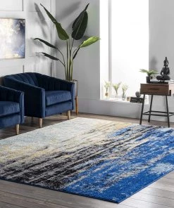 FAS Waterfall Vintage Abstract Blue Grey Soft Area Rug - Multiple Sizes Available