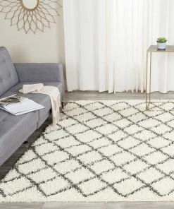 FAS Luxurious Ivory And Dark Grey/Gray Area Rug Shags