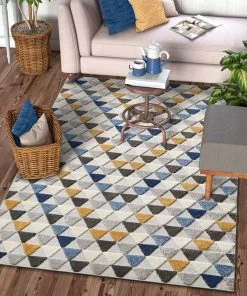 WRG All Area Rugs And Runners Geometric Triangles Blue Yellow High Traffic Stain Resistant Indoor Outdoor Area Rug