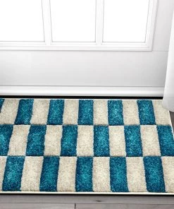 WW Modern Geometric Blue Beige Comfy Hand Carved Area Rugs