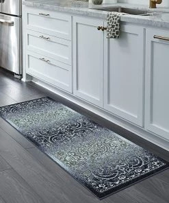 Modern Rugs And Decor Maples Rugs Pelham Vintage Runner Rug Non Slip Washable Navy/Grey All Area Rugs And Runners