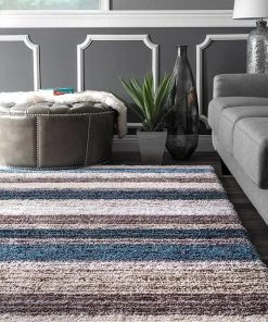 FAS Premium Handmade Striped Blue Gray Plush Shag Area Rugs All Area Rugs And Runners